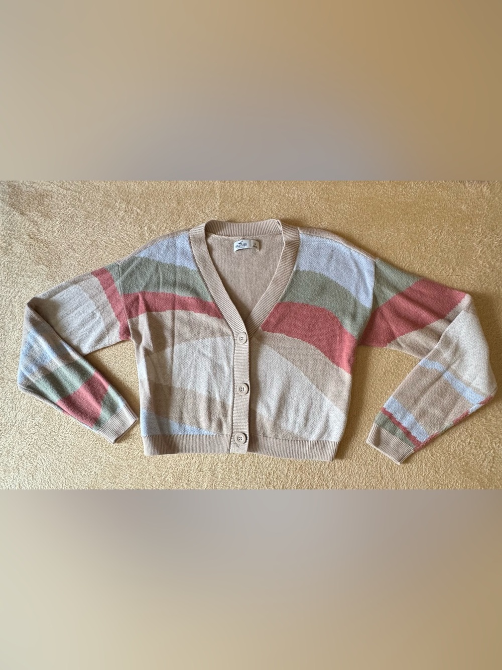 Hollister Beige Cropped Stripe V-Neck Cardigan